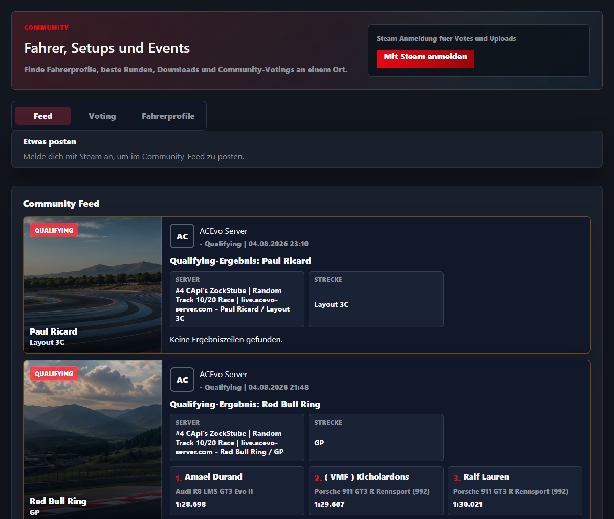 Echter Screenshot des neuen ACEvo Community-Feeds mit Session-Ergebnissen und Track-Bildern