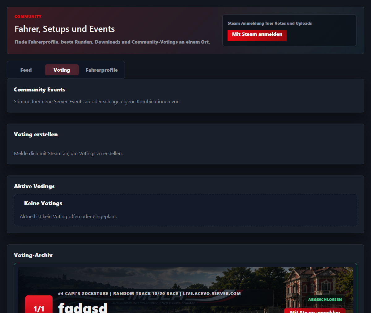 Echter Screenshot des neuen ACEvo Voting-Tabs mit Button zum Erstellen und Archiv