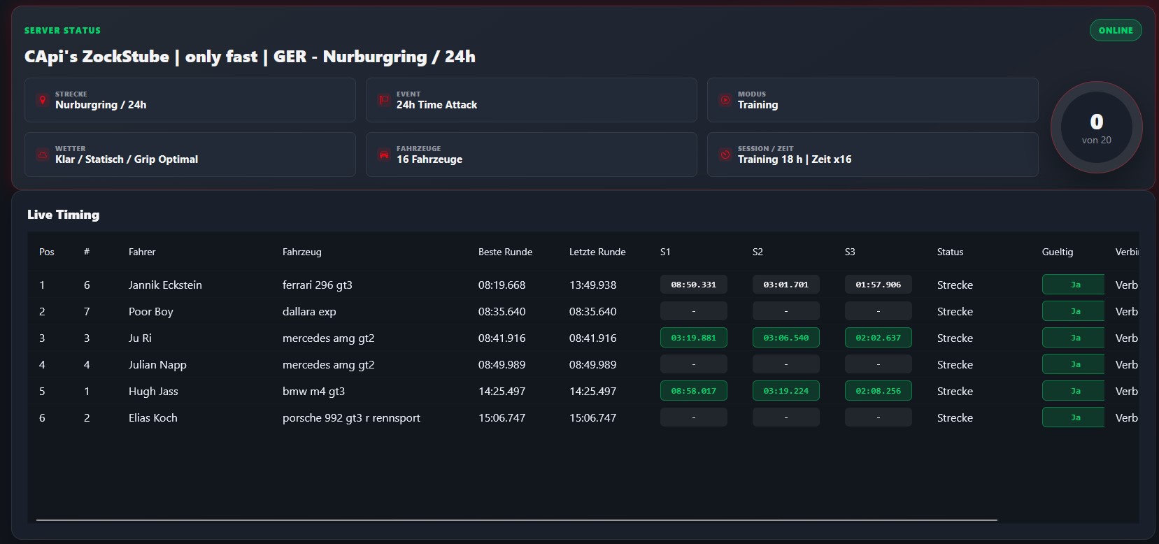 ACEvo Dashboard mit Serverstatus und Live Timing